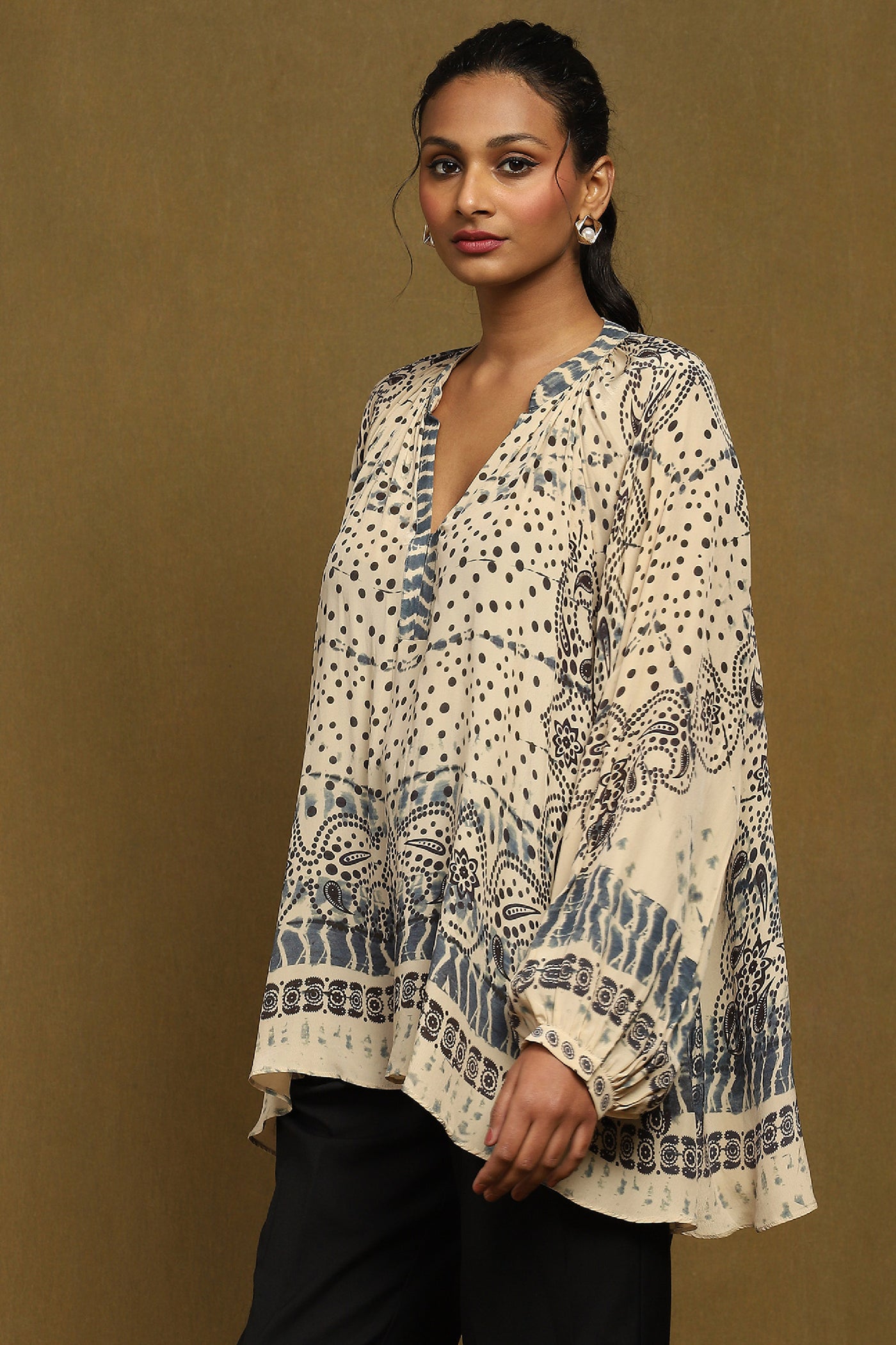 Ritu Kumar Beige Printed Top indian designer wear online shopping melange singapore