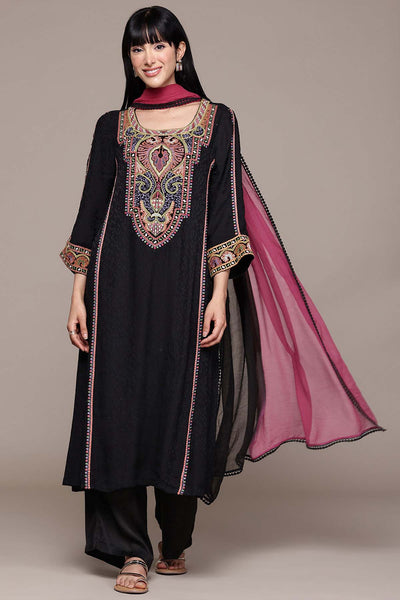 Ritu Kumar Black Arith Solid Kurta With Pant And Dupatta indian designer wear online shopping melange singapore 