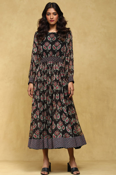 Ritu Kumar Black Botanic Print Long Dress indian designer wear online shopping melange singapore