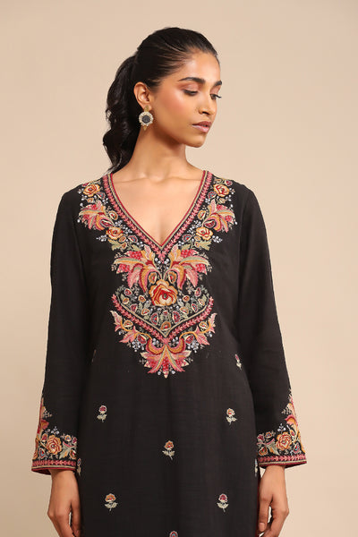 Ritu Kumar Black Embroidered Kurta With Pant And Dupatta indian designer wear online shopping melange singapore