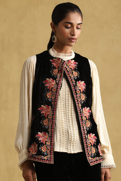 Ritu Kumar Black Embroidered Waist Coat With Top And Pant Co-Ords Set indian designer wear online shopping melange singapore