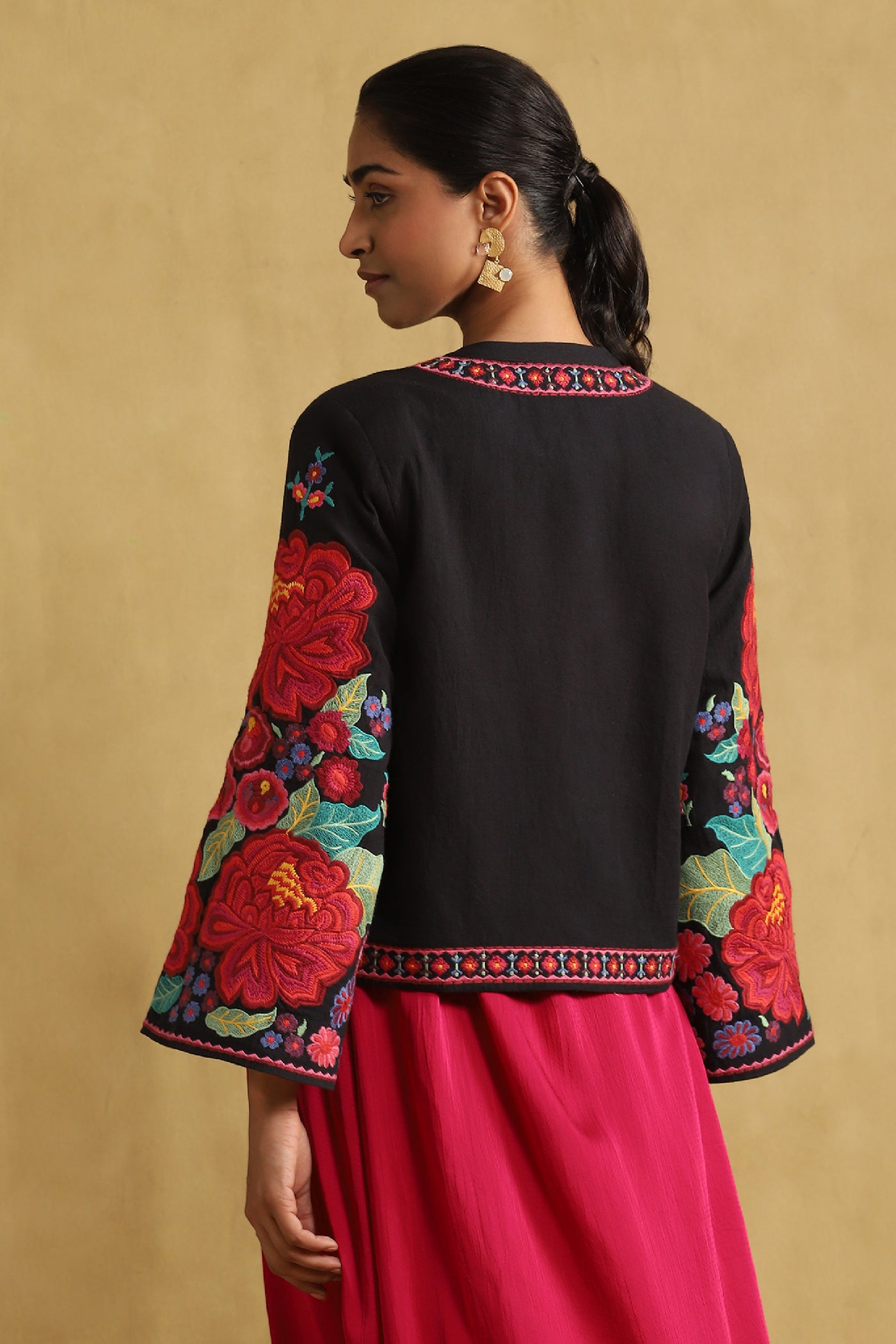 Ritu Kumar Black Floral Print Jacket indian designer wear online shopping melange singapore