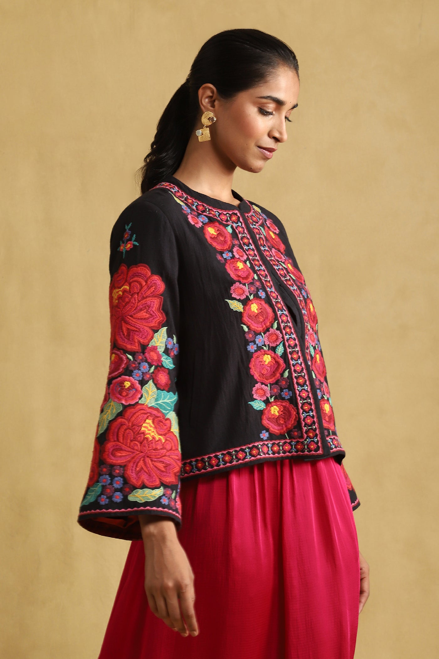 Ritu Kumar Black Floral Print Jacket indian designer wear online shopping melange singapore