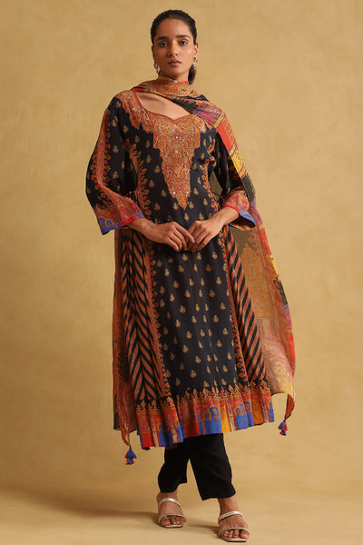 Ritu Kumar Black Printed Kurta With Pant And Dupatta indian designer wear online shopping melange singapore