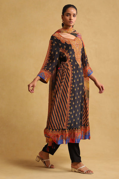 Ritu Kumar Black Printed Kurta With Pant And Dupatta indian designer wear online shopping melange singapore