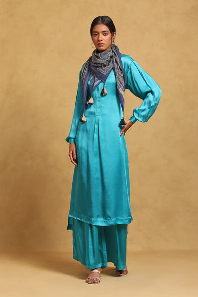 Ritu Kumar Blue Collar Neck Full Sleeves Kurta With Palazzo And Scarf indian designer wear online shopping melange singapore