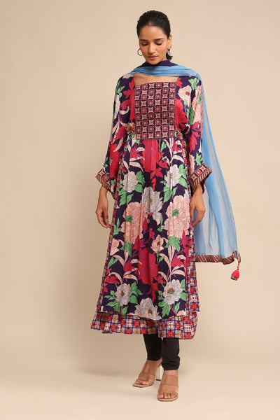 Ritu Kumar Blue Floral Print Kurta With Legging And Dupatta indian designer wear online shopping melange singapore