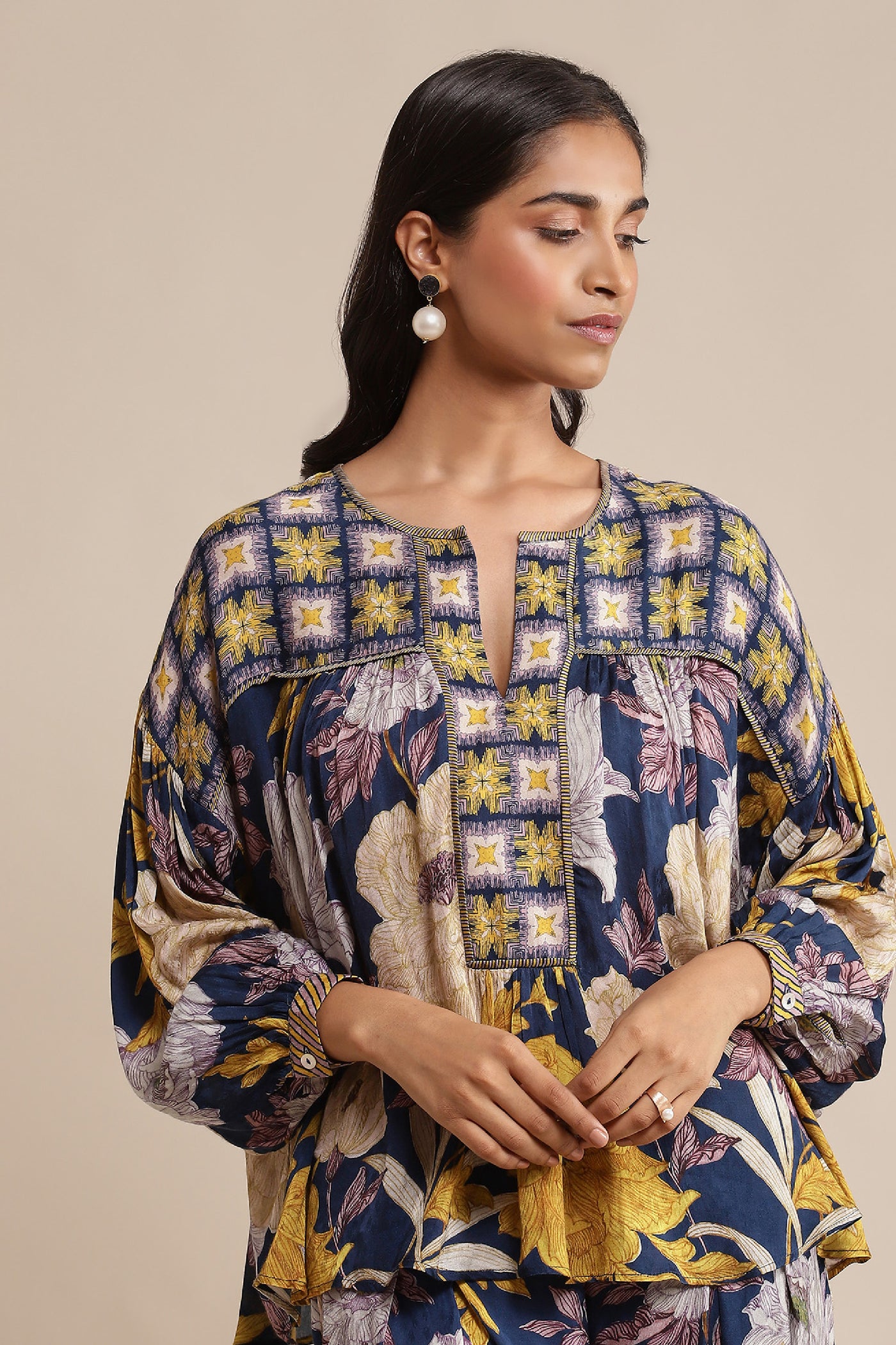 Ritu Kumar Blue Floral Print Kurti With Palazzo Co-Ords Set indian designer wear online shopping melange singapore