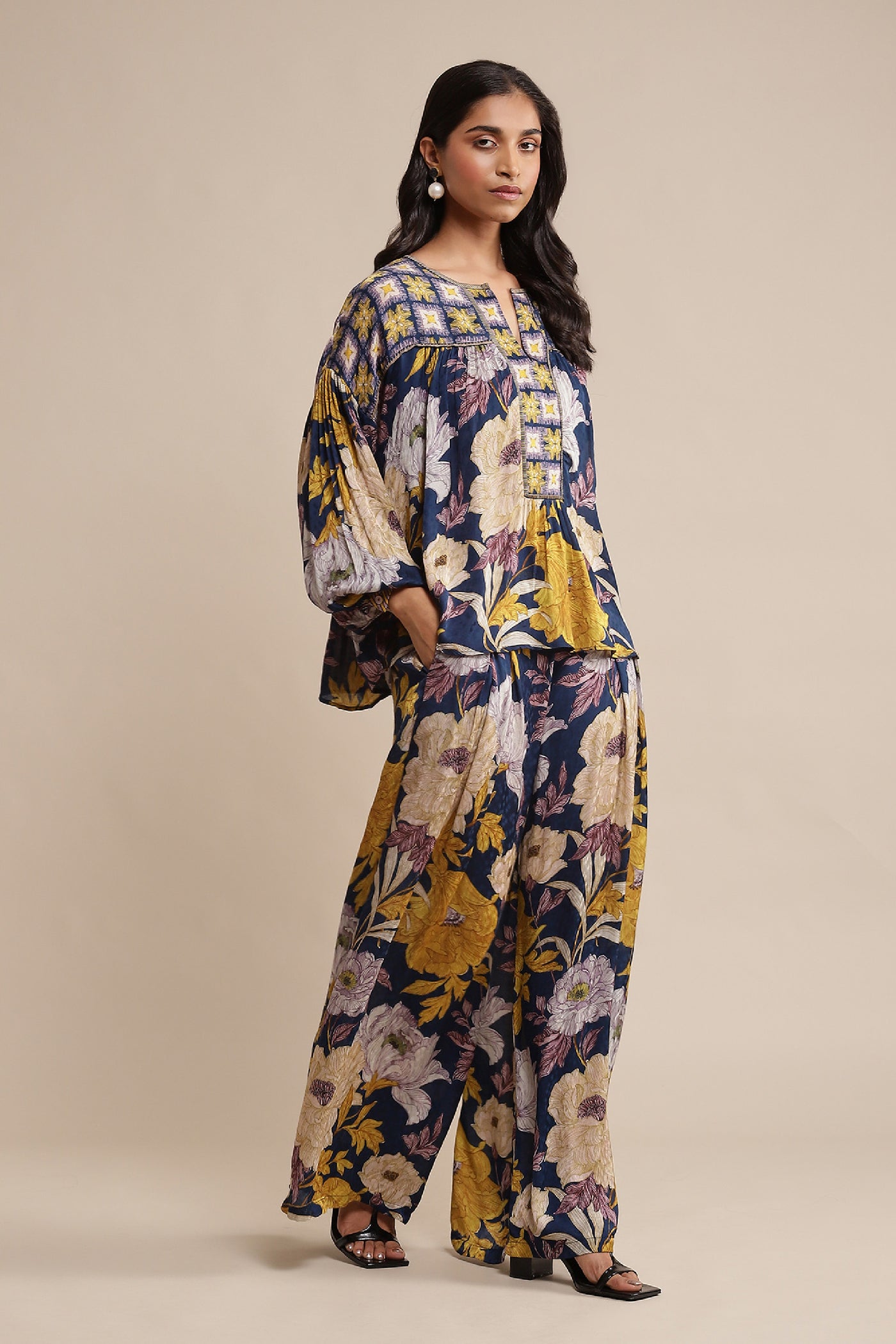 Ritu Kumar Blue Floral Print Kurti With Palazzo Co-Ords Set indian designer wear online shopping melange singapore
