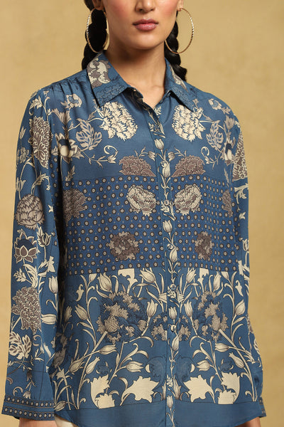 Ritu Kumar Blue Floral Print Shirt indian designer wear online shopping melange singapore