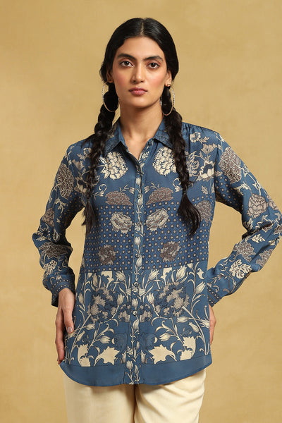 Ritu Kumar Blue Floral Print Shirt indian designer wear online shopping melange singapore