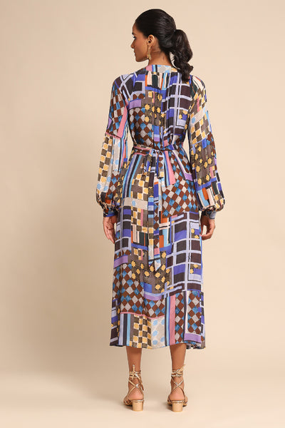 Ritu Kumar Blue Geometric Print Dress indian designer wear online shopping melange singapore