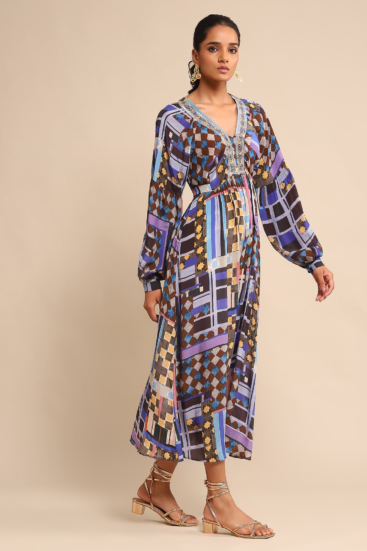 Ritu Kumar Blue Geometric Print Dress indian designer wear online shopping melange singapore