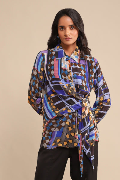 Ritu Kumar Blue Geometric Print Shirt indian designer wear online shopping melange singapore