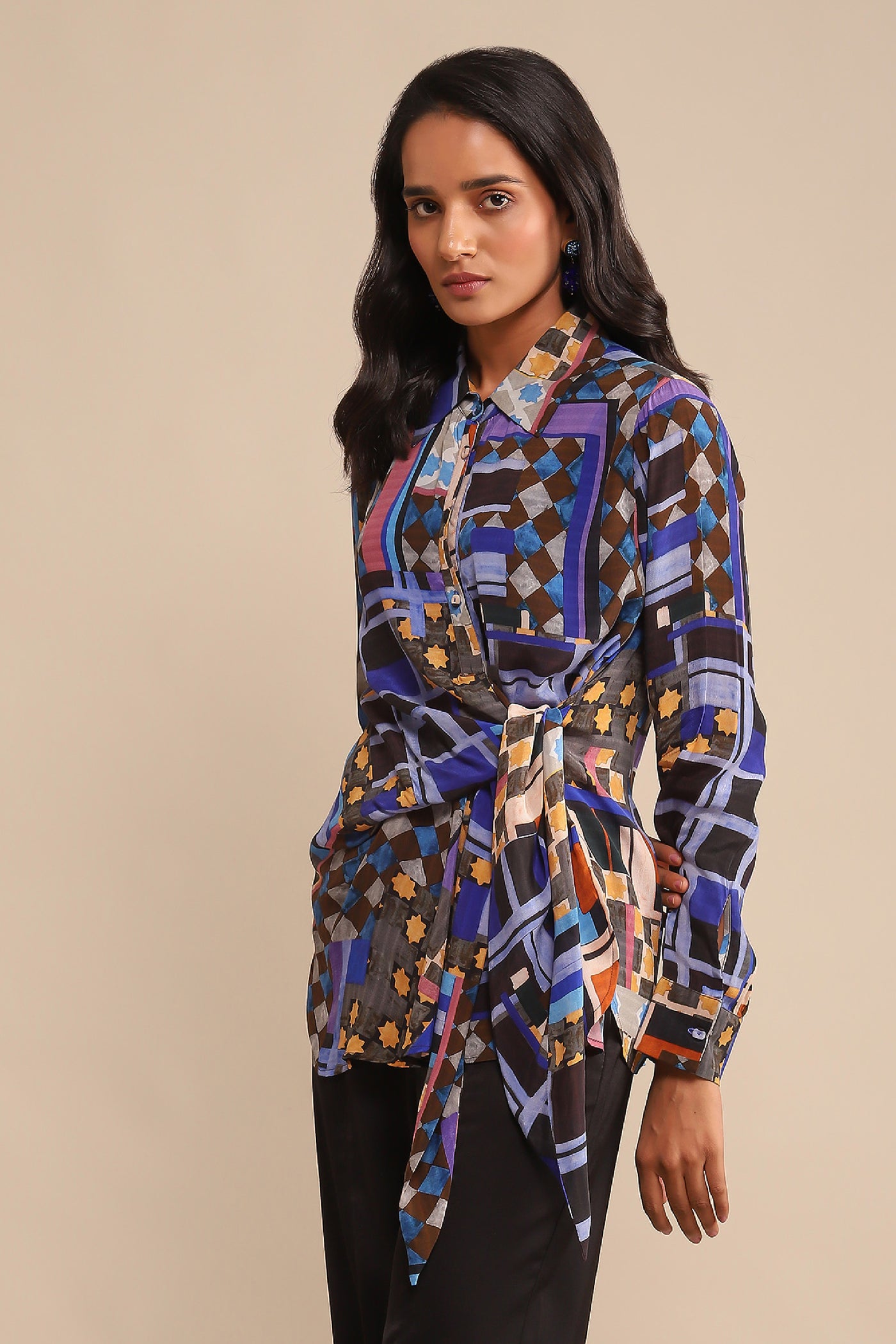 Ritu Kumar Blue Geometric Print Shirt indian designer wear online shopping melange singapore