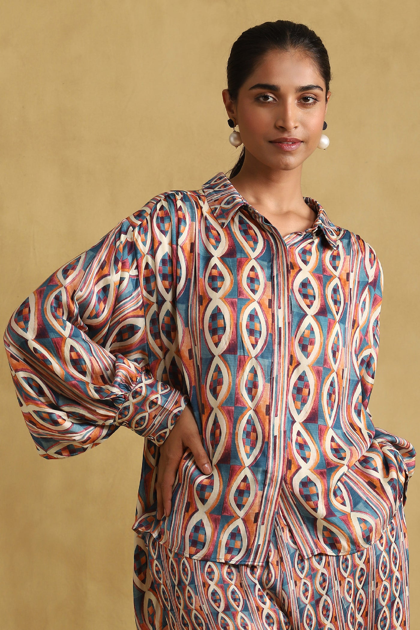 Ritu Kumar Blue Geometric Print Shirt With Palazzo Co-Ords Sets indian designer wear online shopping melange singapore