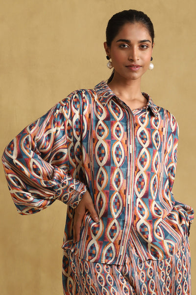 Ritu Kumar Blue Geometric Print Shirt With Palazzo Co-Ords Sets indian designer wear online shopping melange singapore