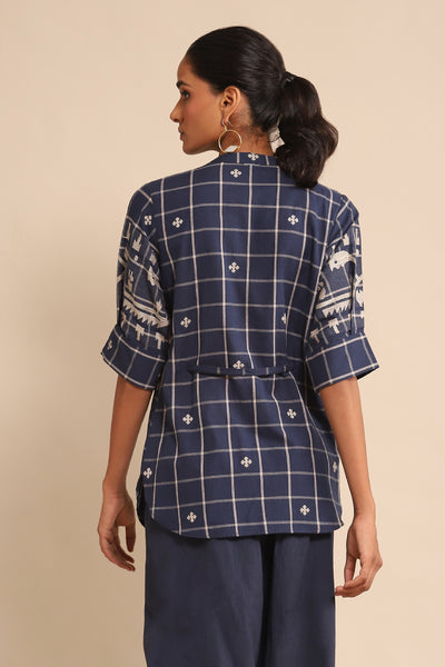 Ritu Kumar Blue Jamdani Check Shirt indian designer wear online shopping melange singapore