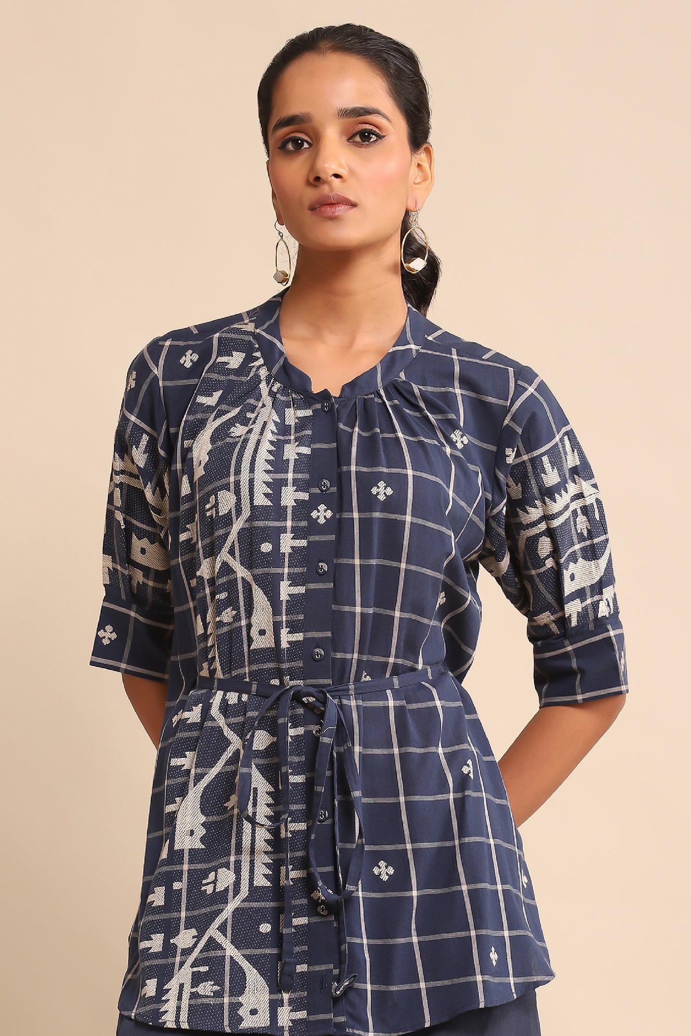 Ritu Kumar Blue Jamdani Check Shirt indian designer wear online shopping melange singapore