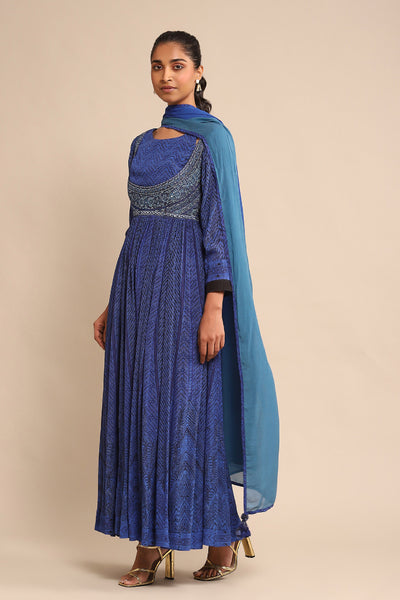 Ritu Kumar Blue Printed Kurta With Legging And Dupatta indian designer wear online shopping melange singapore