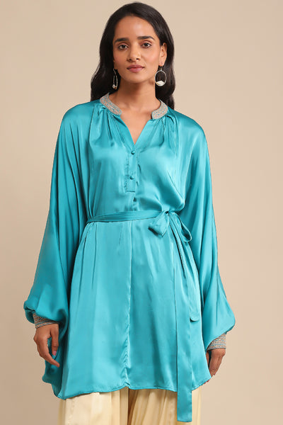 Ritu Kumar Blue Solid Satin Kurtiindian designer wear online shopping melange singapore