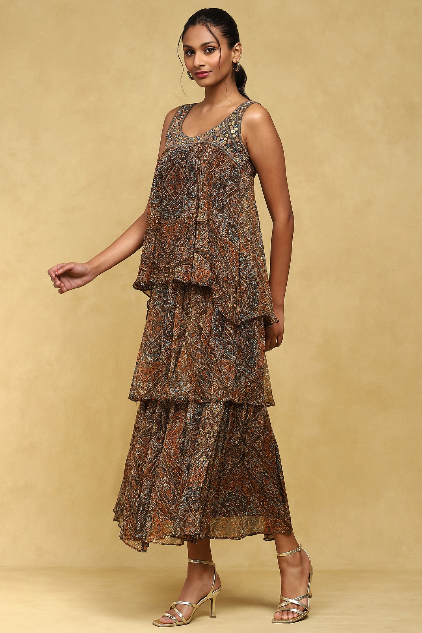 Ritu Kumar Brown Printed Dress indian designer wear online shopping melange singapore