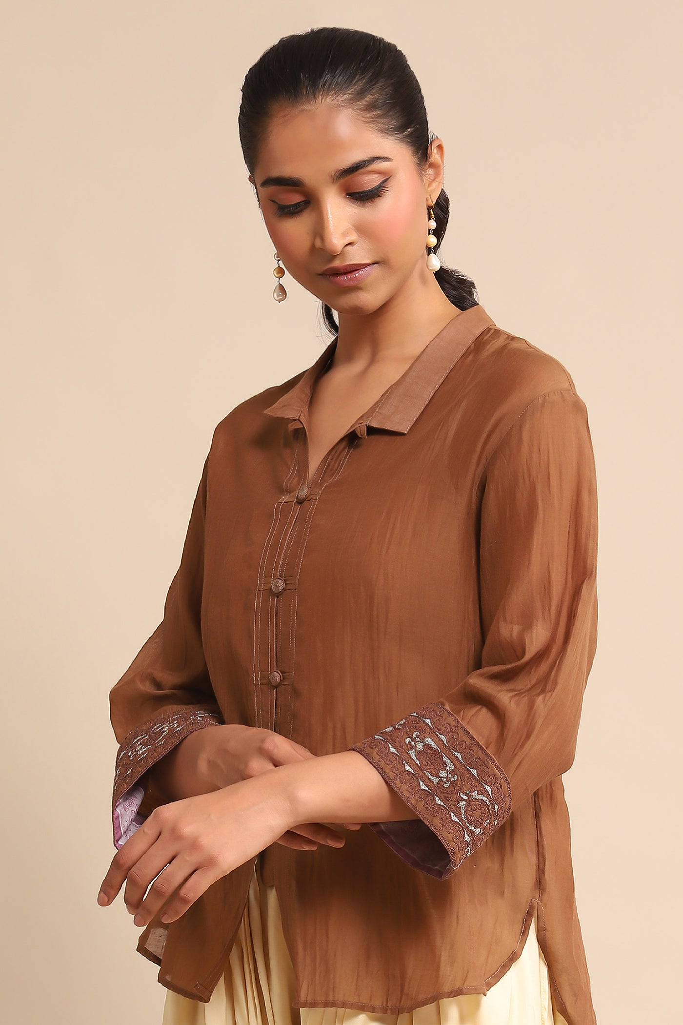 Ritu Kumar Brown Solid Shirt indian designer wear online shopping melange singapore