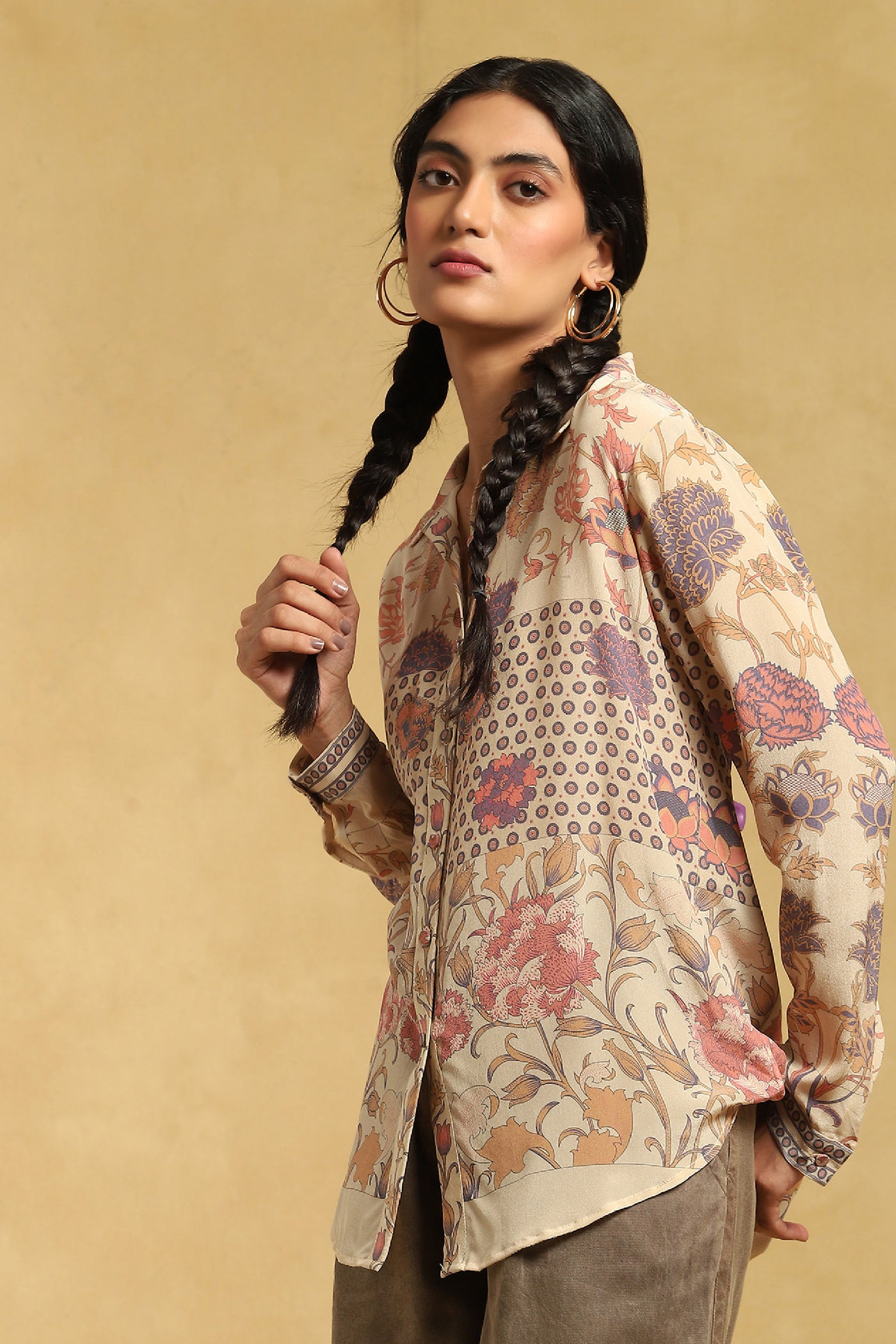 Ritu Kumar Ecru Floral Print Shirt indian designer wear online shopping melange singapore