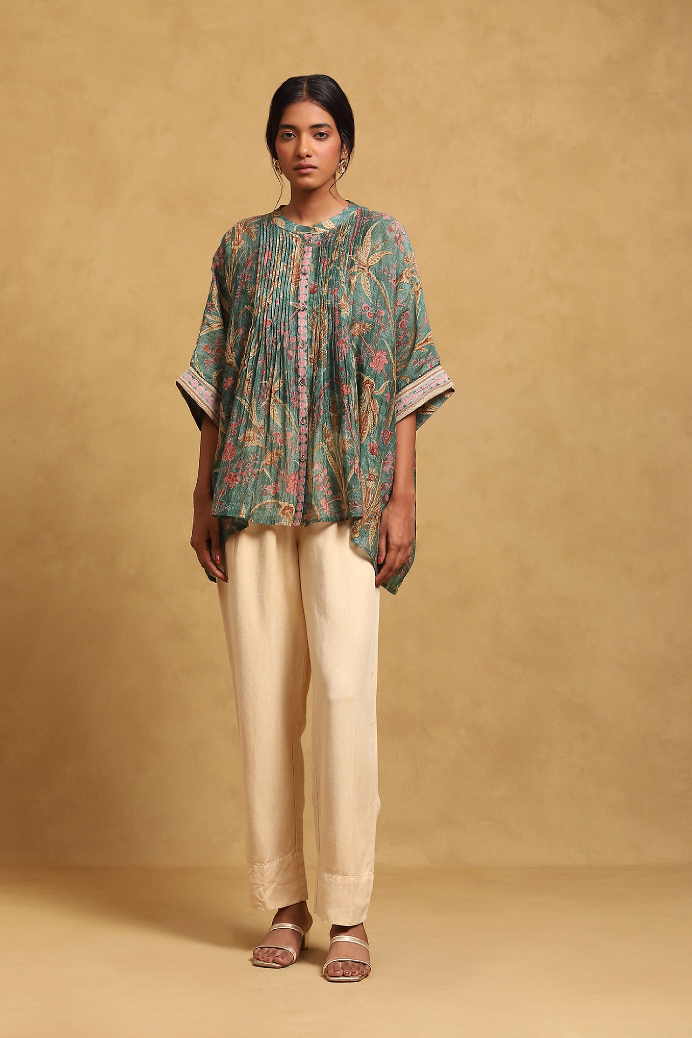 Ritu Kumar Green Botanical Print Chanderi Kurti With Camisole indian designer wear online shopping melange singapore