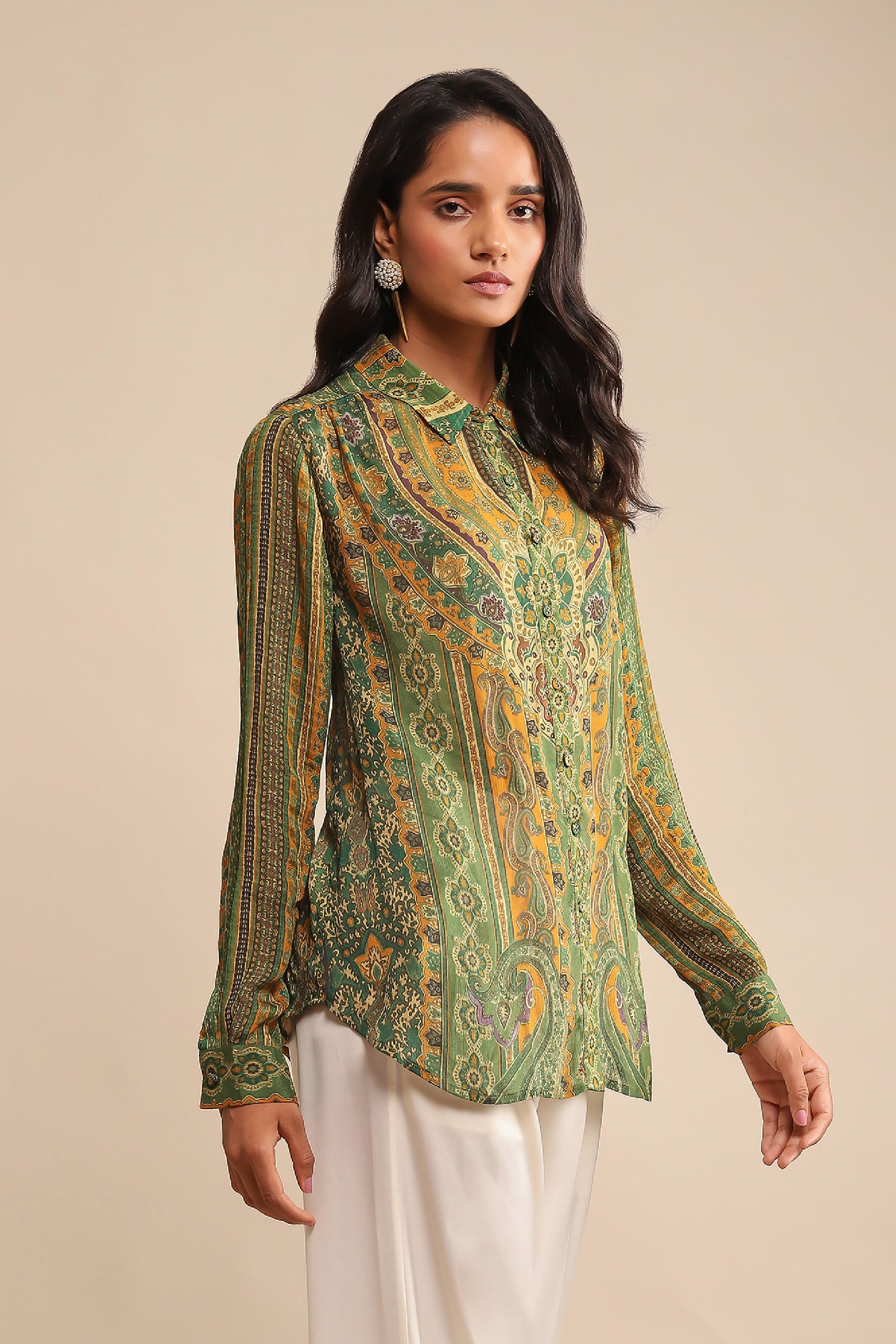Ritu Kumar Green Printed Shirt indian designer wear online shopping melange singapore