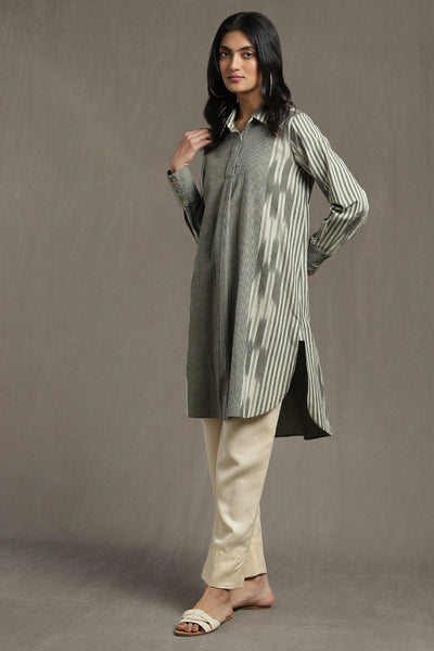 Ritu Kumar Green Stripe Straight Kurti With Concealed Placket indian designer wear online shopping melange singapore
