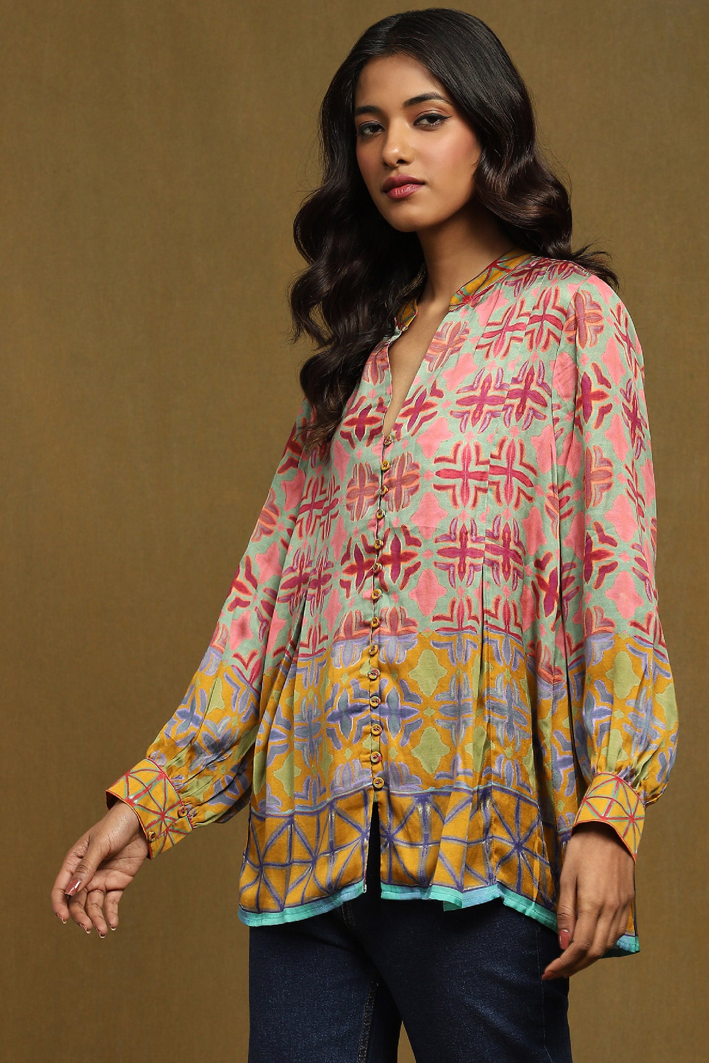 Ritu Kumar Mustard Printed Top indian designer wear online shopping melange singapore