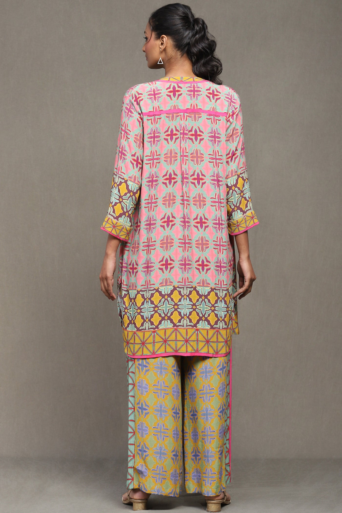 Ritu Kumar Mustard Printed Top With Shrug And Palazzo Co-Ord Set indian designer wear online shopping melange singapore