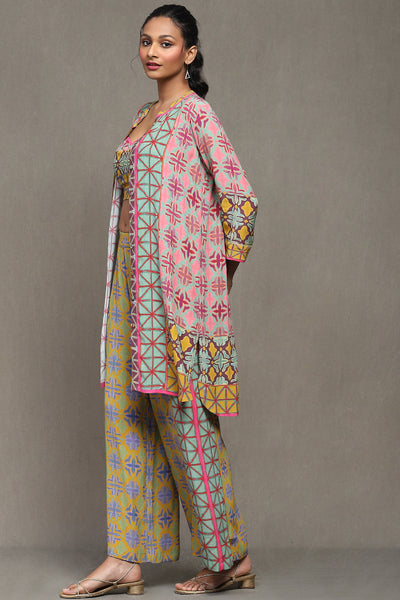 Ritu Kumar Mustard Printed Top With Shrug And Palazzo Co-Ord Set indian designer wear online shopping melange singapore