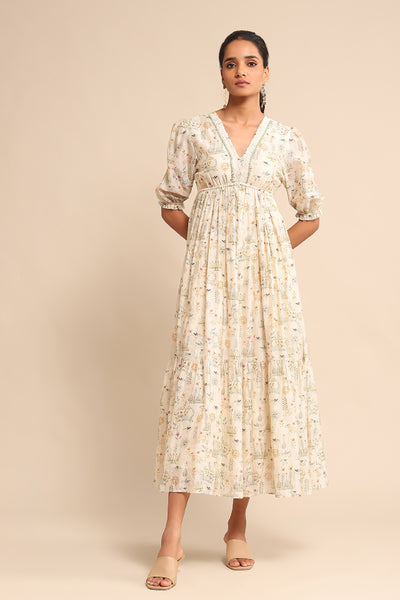 Ritu Kumar Off White Printed Dress indian designer wear online shopping melange singapore