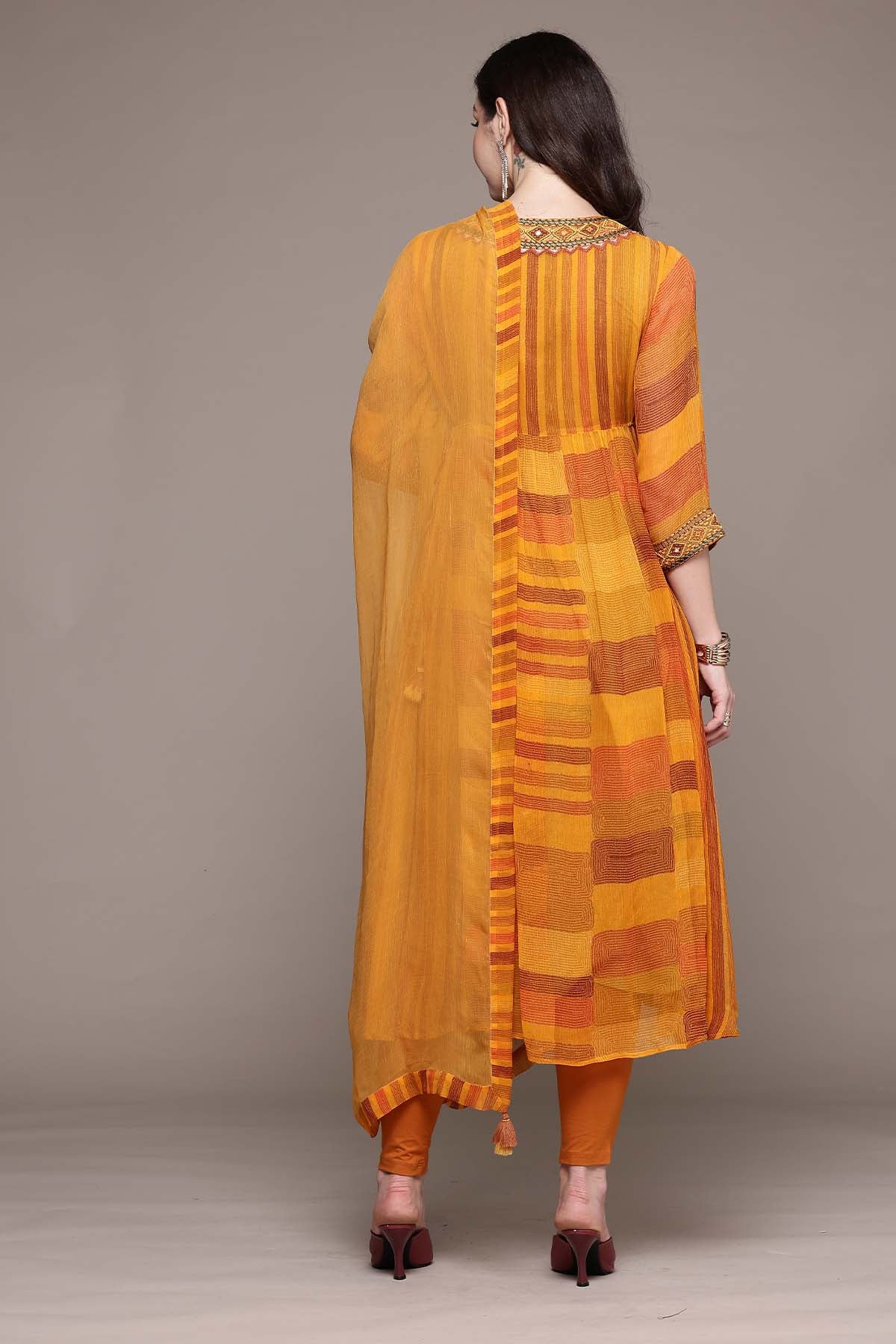 Ritu Kumar Orange Bauhaus Print Kurta With Churidar And Dupatta indian designer wear online shopping melange singapore 