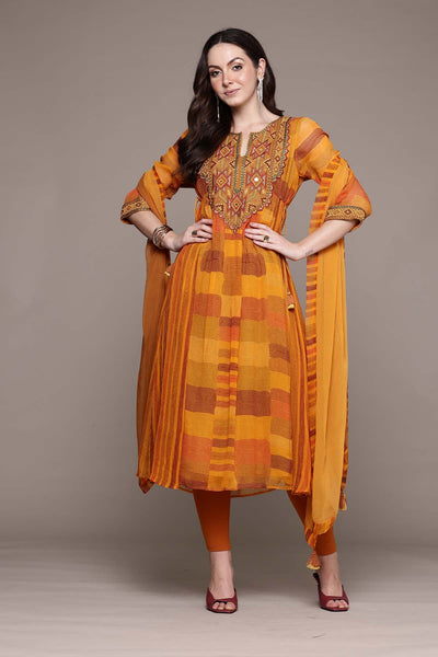 Ritu Kumar Orange Bauhaus Print Kurta With Churidar And Dupatta indian designer wear online shopping melange singapore 