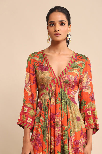 Ritu Kumar Orange Floral Print Dress indian designer wear online shopping melange singapore