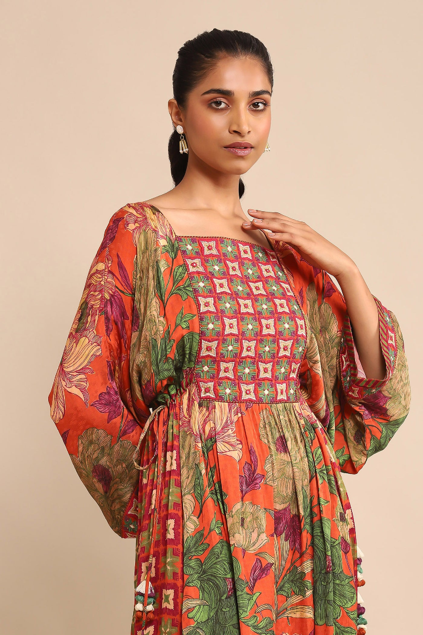 Ritu Kumar Orange Floral Print Kurta With Legging And Dupatta indian designer wear online shopping melange singapore
