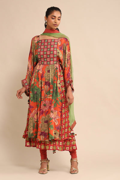 Ritu Kumar Orange Floral Print Kurta With Legging And Dupatta indian designer wear online shopping melange singapore