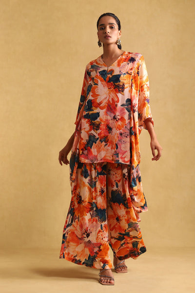 Ritu Kumar Orange Floral  Print Kurta With Palazzo Co-ord Set indian designer wear online shopping melange singapore