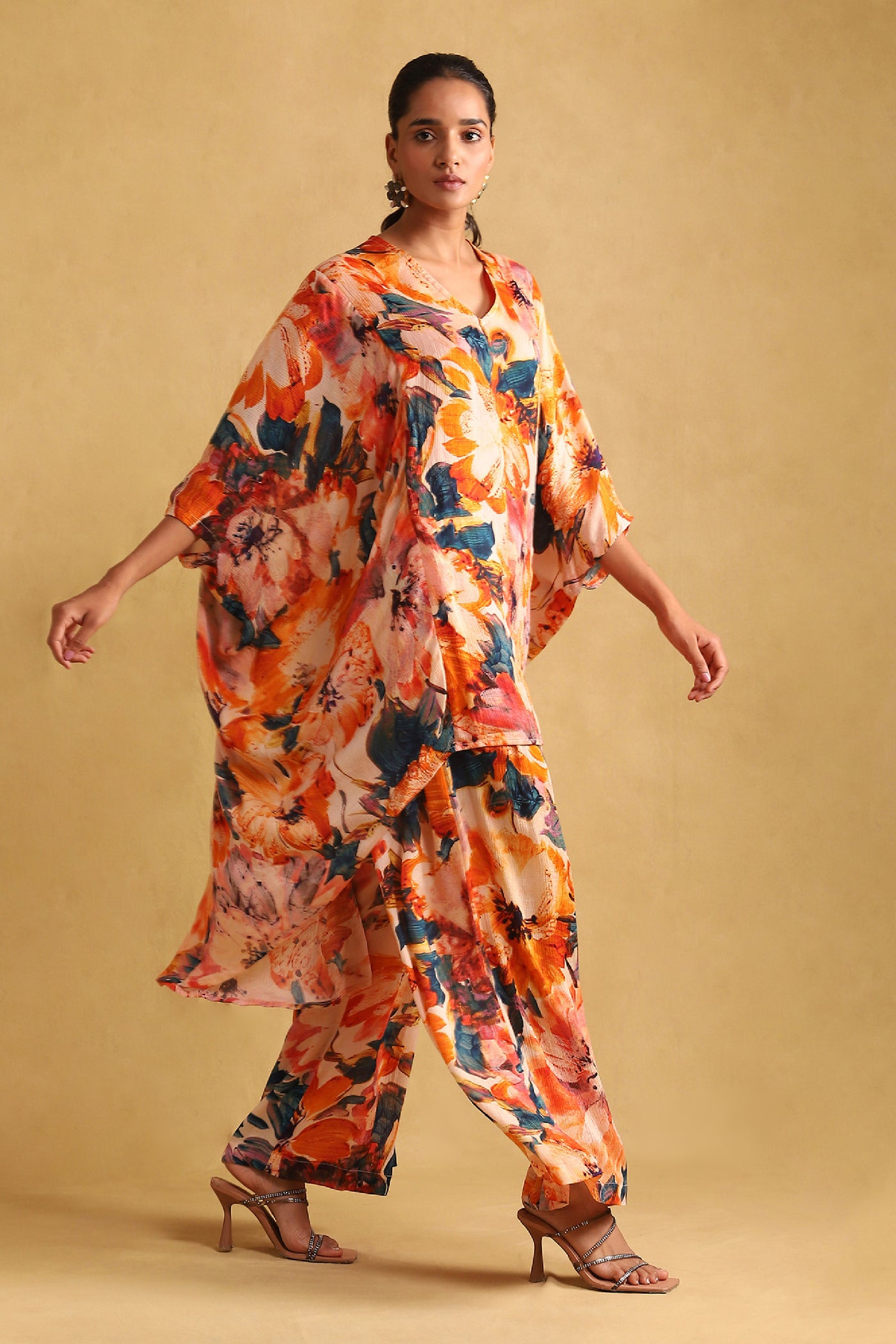 Ritu Kumar Orange Floral  Print Kurta With Palazzo Co-ord Set indian designer wear online shopping melange singapore
