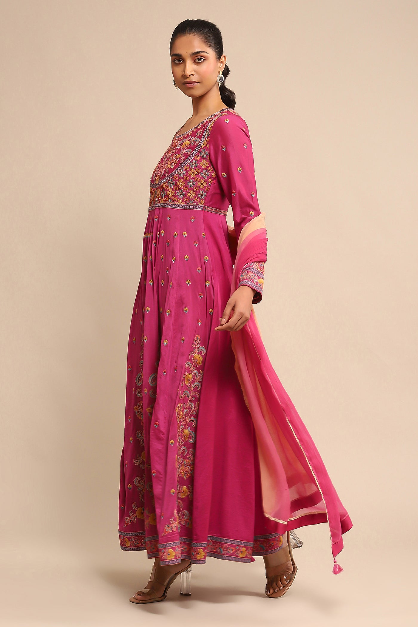 Ritu Kumar Pink Embroidered Kurta With Legging And Dupatta indian designer wear online shopping melange singapore