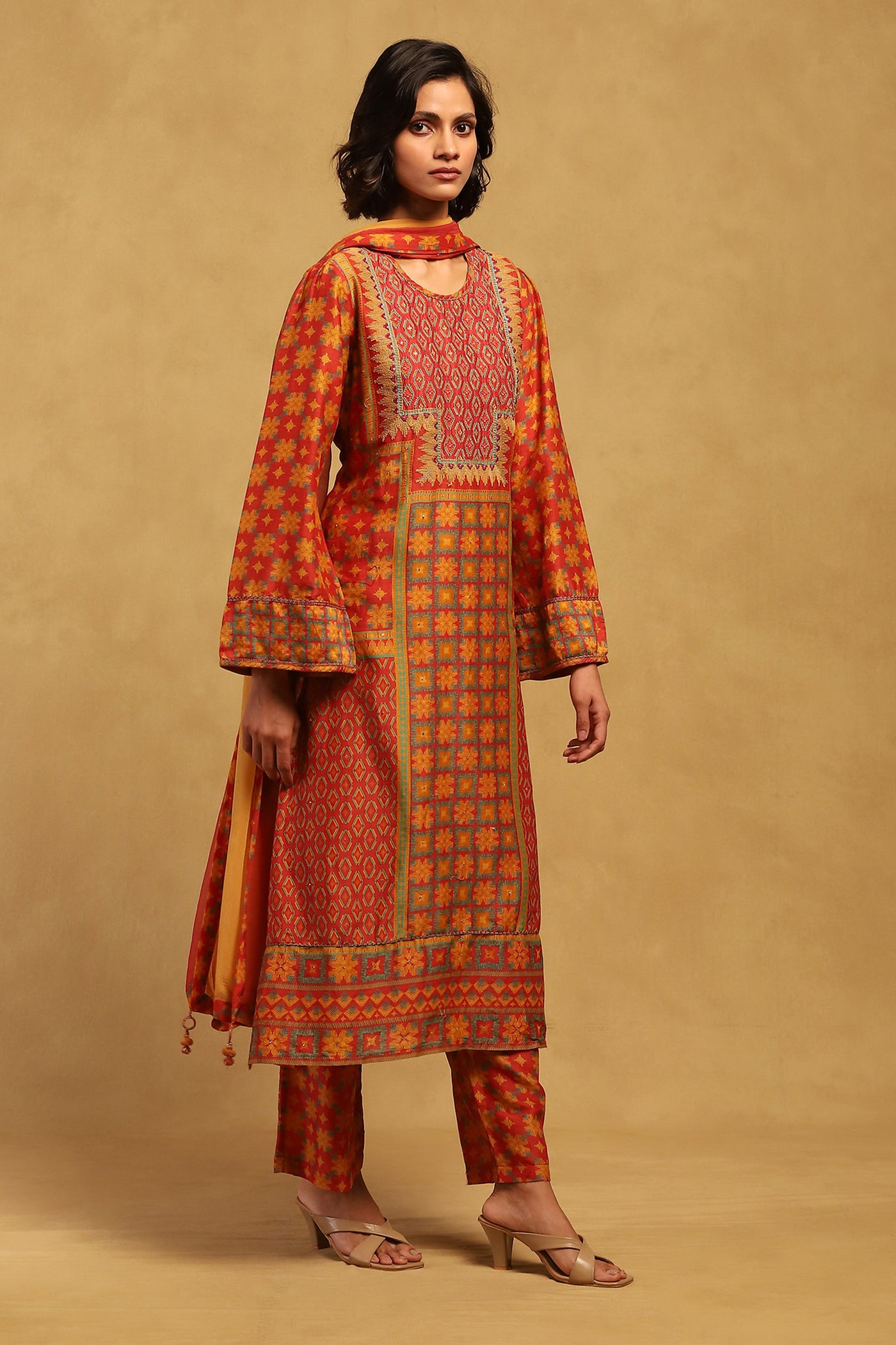 Ritu Kumar Red Phulkari Kurta With Palazzo And Dupatta indian designer wear online shopping melange singapore