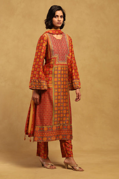 Ritu Kumar Red Phulkari Kurta With Palazzo And Dupatta indian designer wear online shopping melange singapore