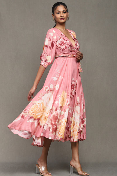 Ritu Kumar Rose Pink Botanic Print Long Dress With Attached Belt indian designer wear online shopping melange singapore