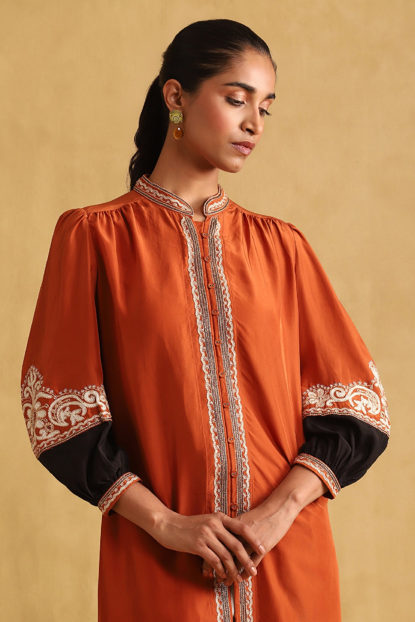 Ritu Kumar Rust Embroidered Shirt indian designer wear online shopping melange singapore