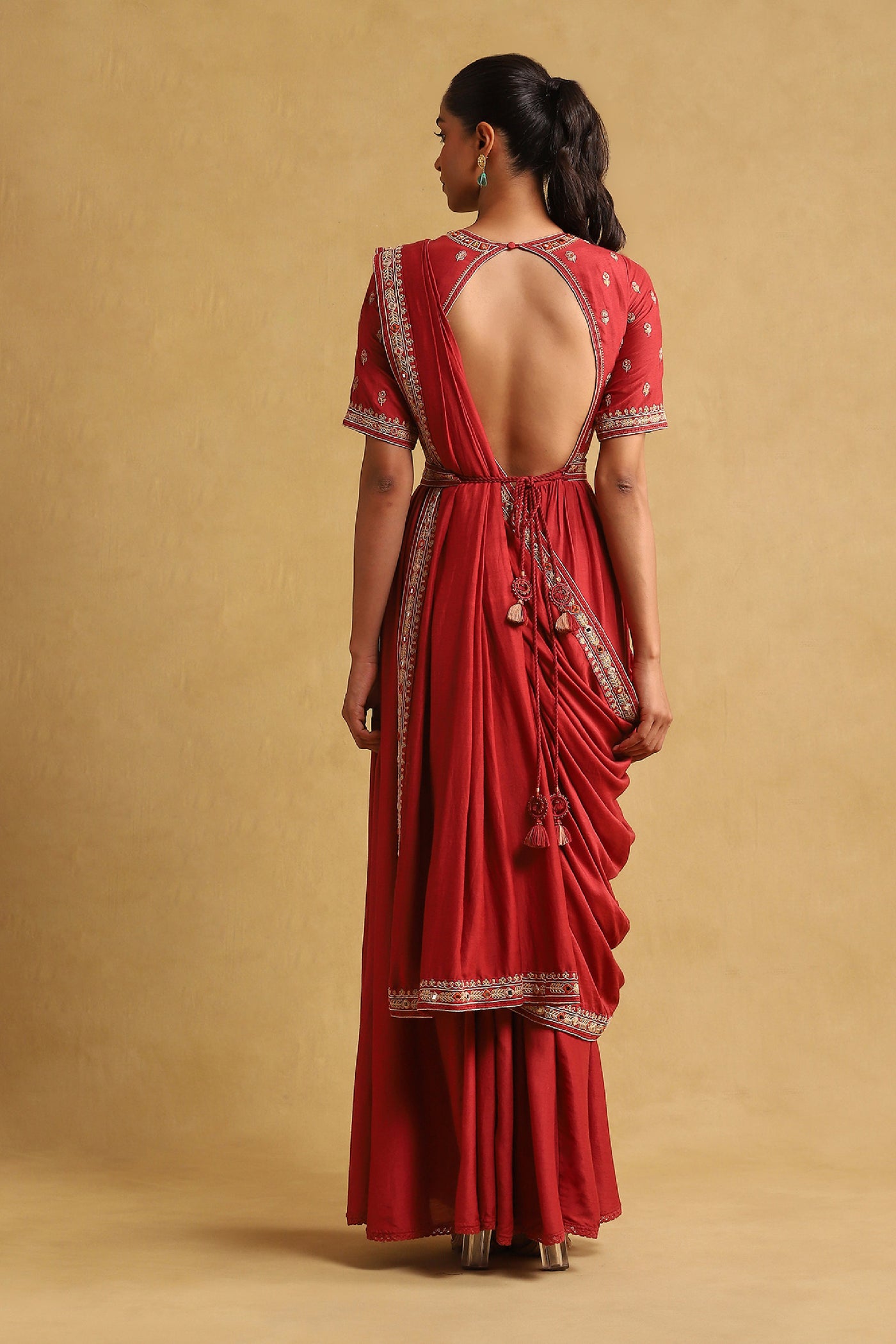 Ritu Kumar Rust Embroidered Viscose Linen Draped Saree indian designer wear online shopping melange singapore