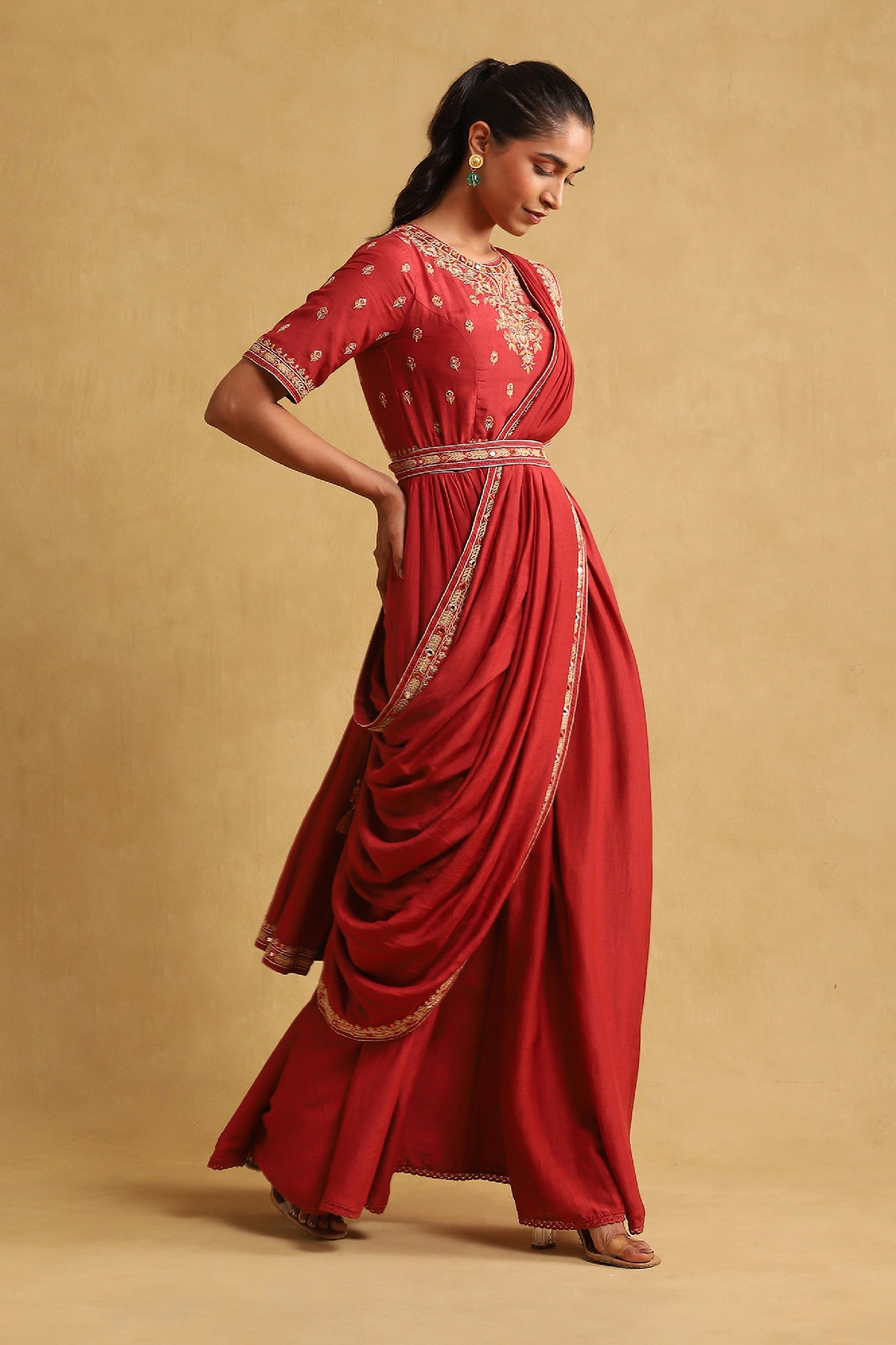 Ritu Kumar Rust Embroidered Viscose Linen Draped Saree indian designer wear online shopping melange singapore
