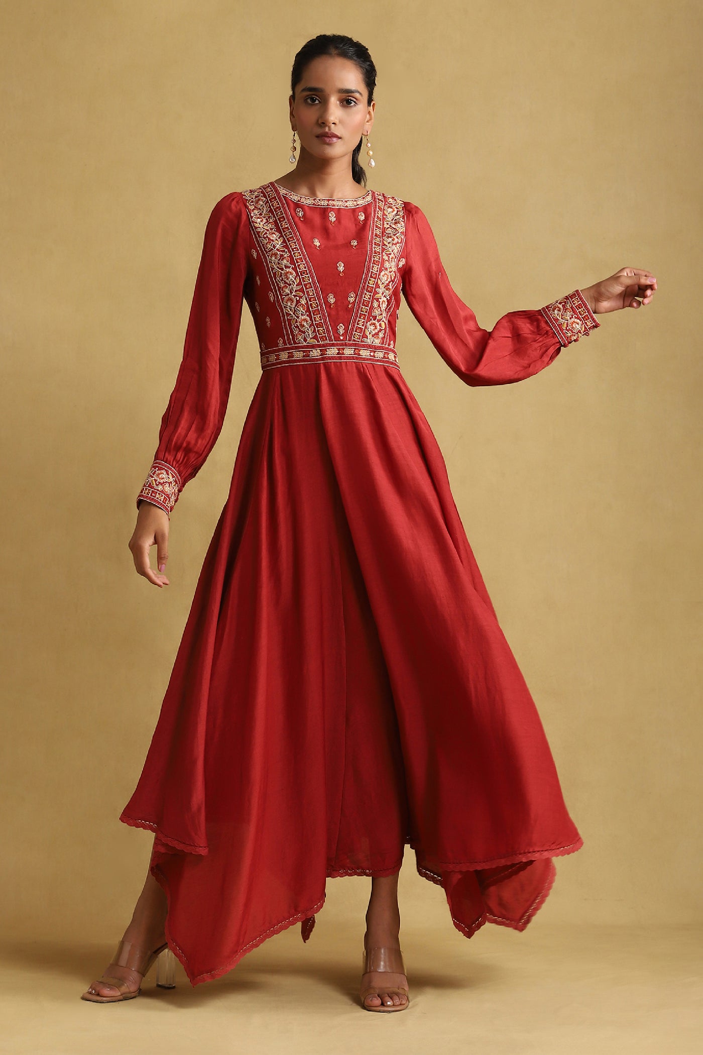 Ritu Kumar Rust Embroidered Viscose Linen Dress indian designer wear online shopping melange singapore